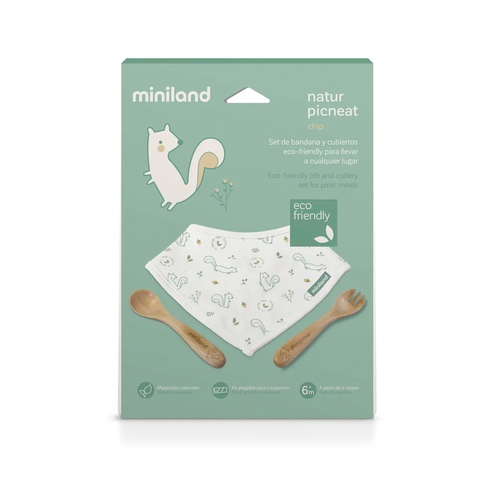 Bavoir en tissu + cuillère et fourchette en bois Miniland